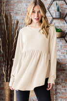 Heimish Cream Round Neck Long Sleeve Ribbed Babydoll Top Cream Shirts & Tops