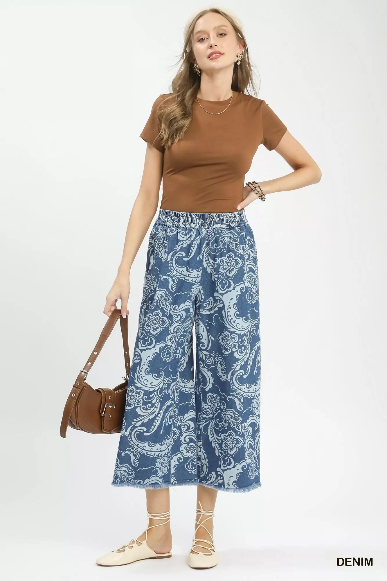 Umgee Stone Wash Wide Leg Crop Pants DENIM