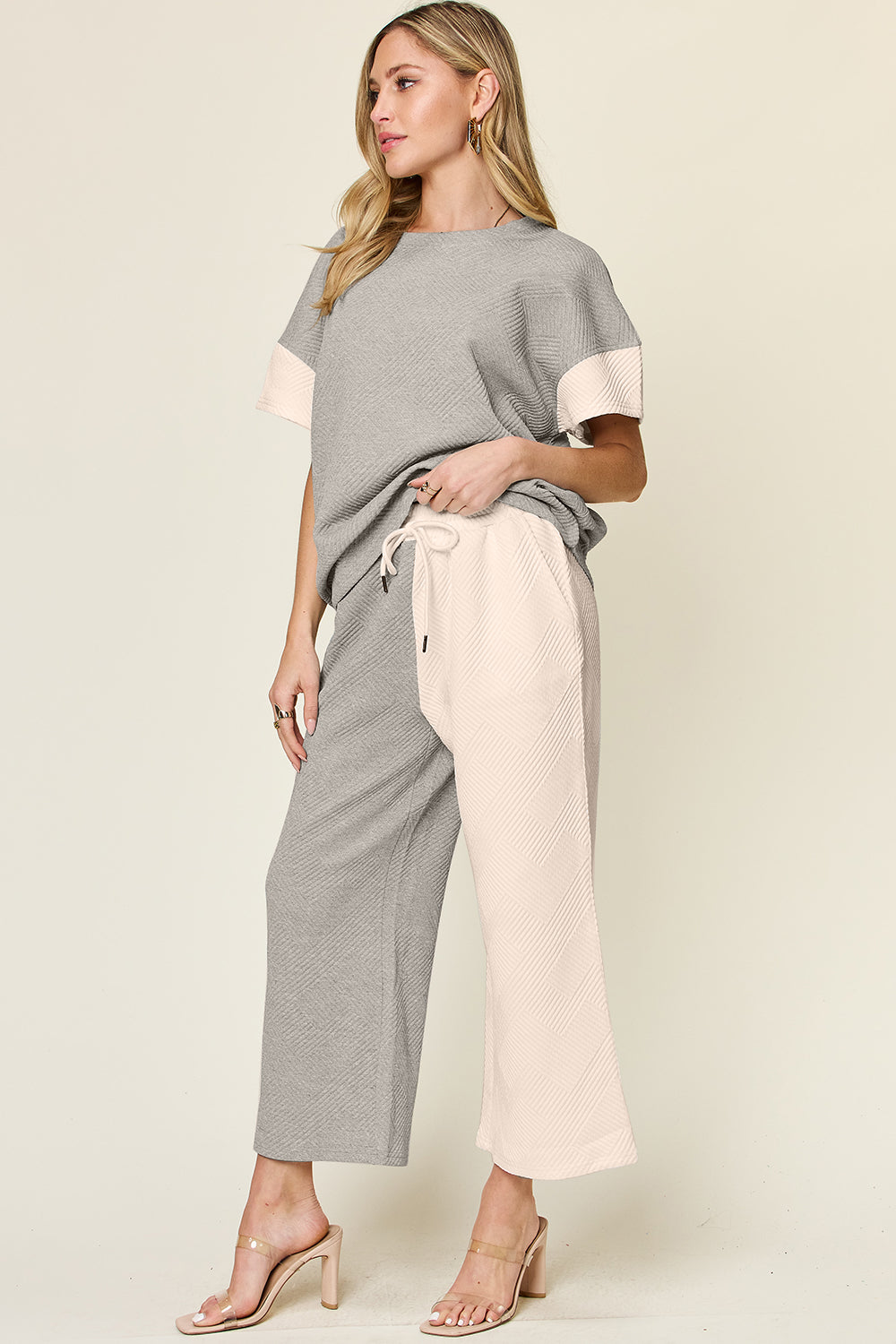 Double Take: 4 Colors: Quilted Textured Contrast Top and Wide Leg Pants Set Loungewear Set