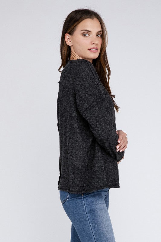 Zenana 4 Colors- Ribbed Brushed Melange Hacci Sweater with a Pocket Shirts & Tops