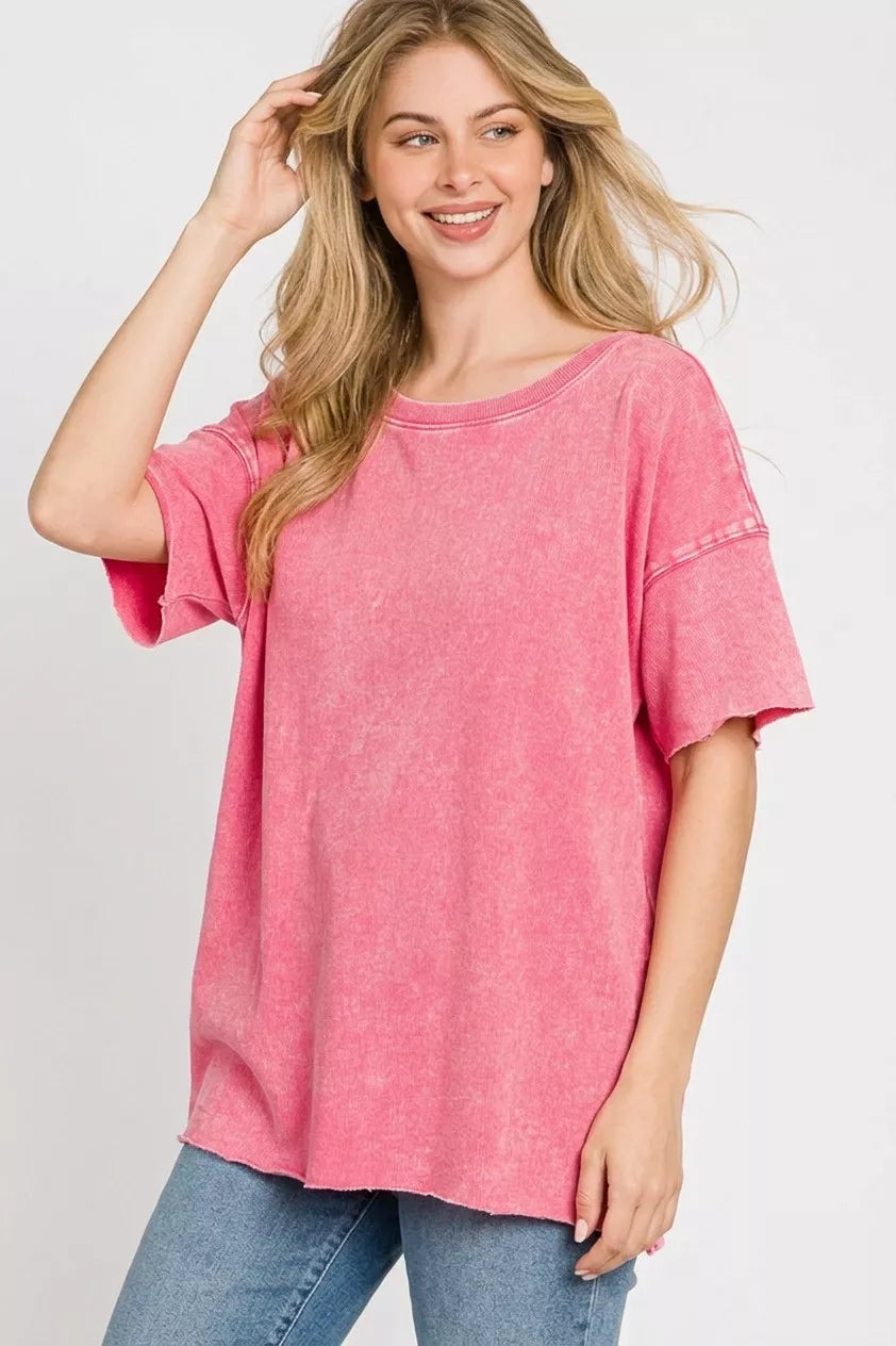 Zenana Fuchsia Acid Wash French Terry Drop Shoulder Raw Edge Top
