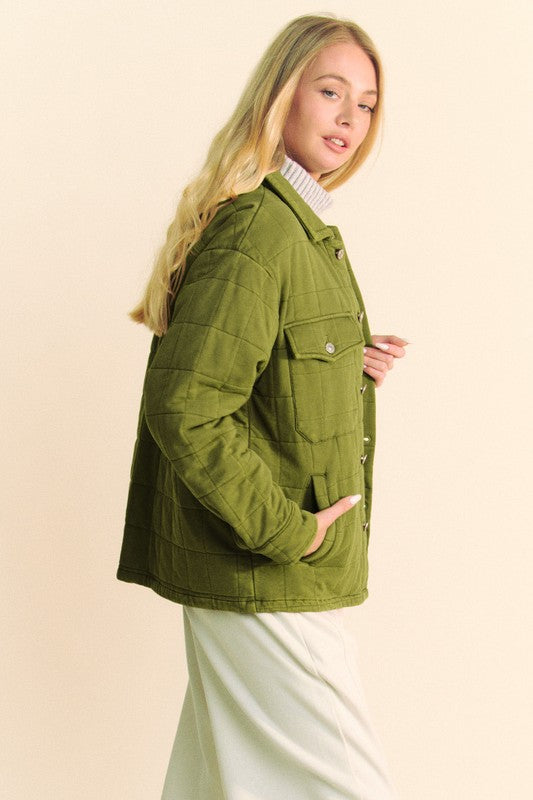 Davi & Dani Yellow Green Quilted Button Down Shacket with Chest Pockets Coats & Jackets