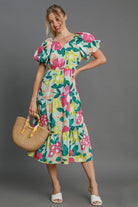 Umgee Mint Tiered Floral Print Notched Puff Sleeve Midi Dress MINTMIX