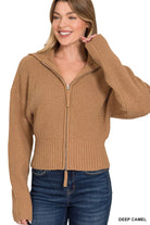 Zenana Ribbed Collared Zip Up Sweater Cardigan DEEP CAMEL