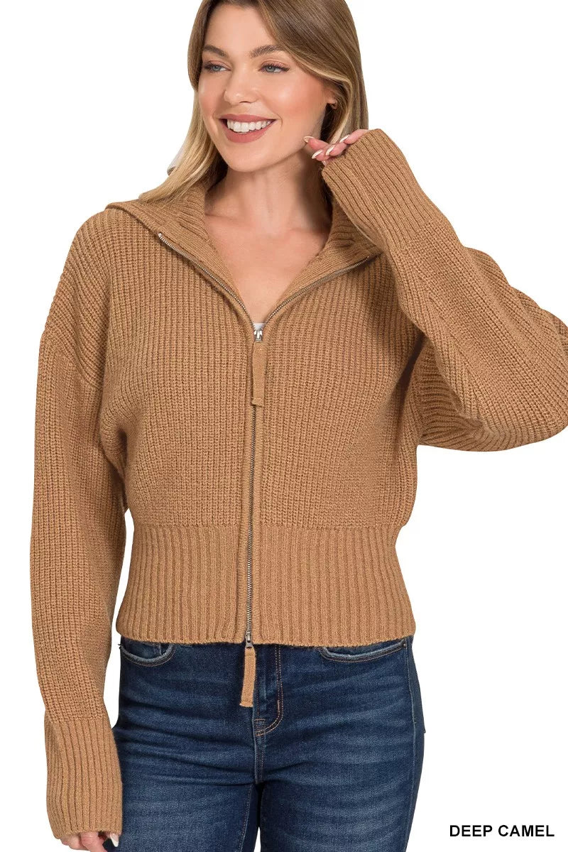 Zenana Ribbed Collared Zip Up Sweater Cardigan DEEP CAMEL