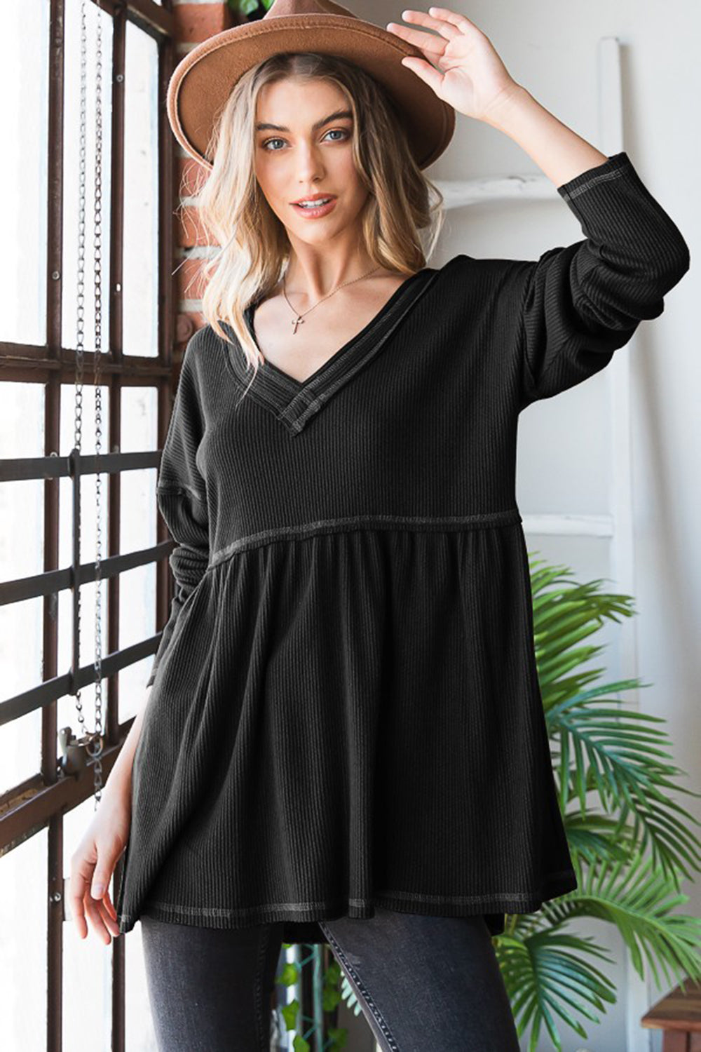 Heimish Black V-Neck Long Sleeve Ribbed Babydoll Top Black Shirts & Tops