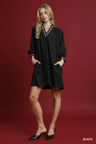 Umgee Black V-Neck Shift Dress with Sheer Leopard Trim
