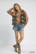 Umgee Mix Patterned Sherpa Tie-Front Vest – Olive Mix