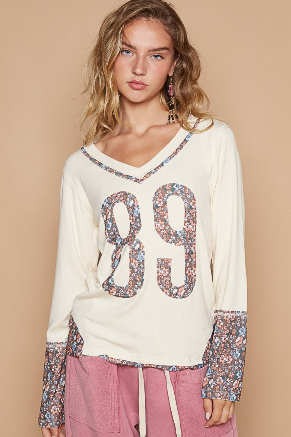 POL Butter Milk V-Neck Long Sleeve Floral Number Patch T-Shirt Butter Milk Trendsi