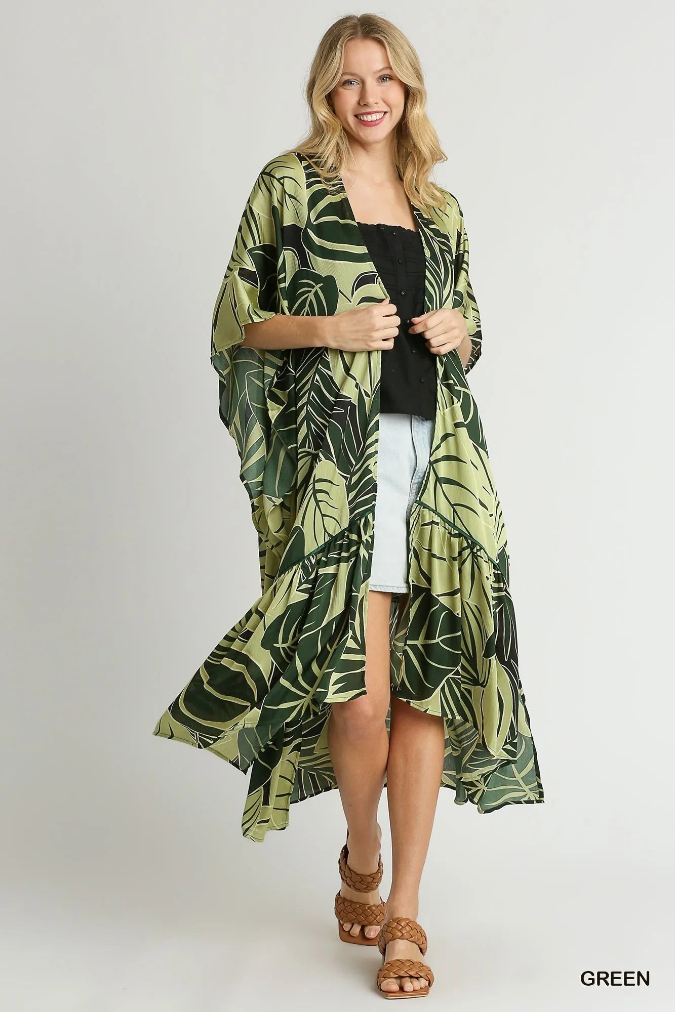 Umgee Green Satin Tropical Plant Print Open Front Kimono with Ruffle Details