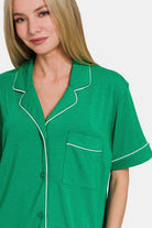 Zenana Kelly Green Button Down Short Sleeve Top and Shorts Lounge Set Loungewear