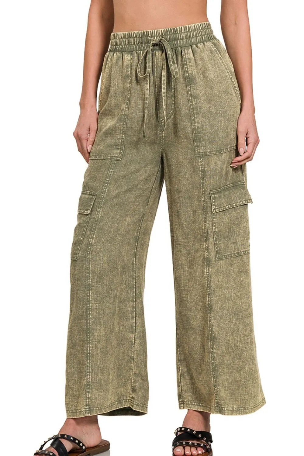 Zenana Light Olive Washed Linen Elastic Band Waist Cargo Pants LT OLIVE