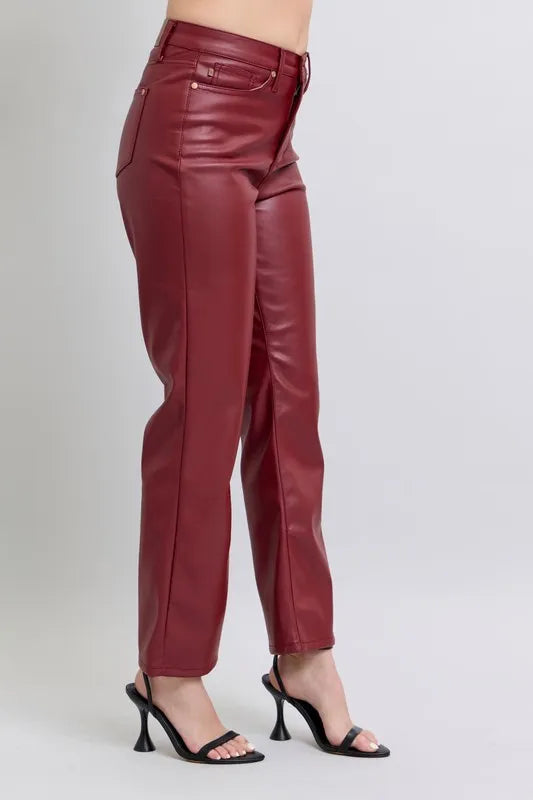 Judy Blue Red High Waist Tummy Control Faux Leather Straight Pants