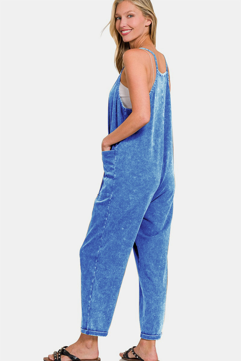 Zenana Classic Blue Acid Washed Spaghetti Straps Overalls with Pockets Trendsi