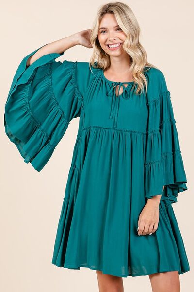 Mittoshop Teal Green Frill Tie Neck Long Bell Sleeve Empire Waist Dress