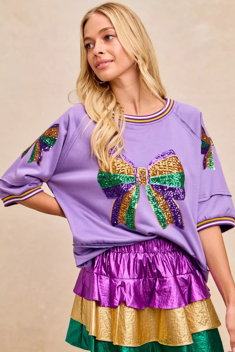 BiBi Lavender Mardi Gras Theme Ribbon Sequin Patched Top