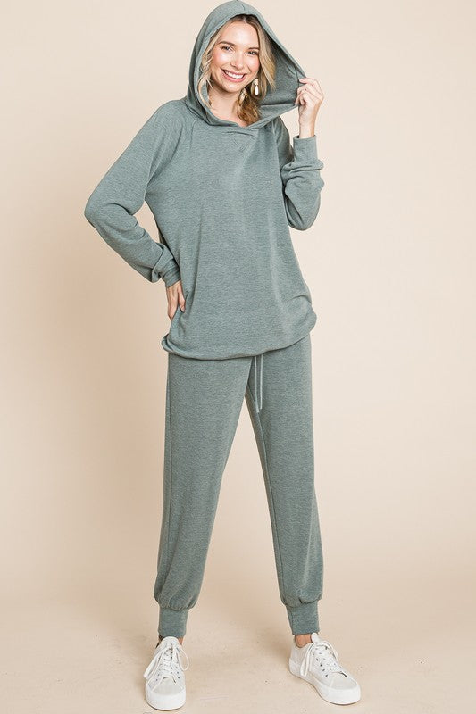 Super Lady Olive French Terry Long Sleeve Hoodie and Tied Jogger Pants Set Olive Trendsi