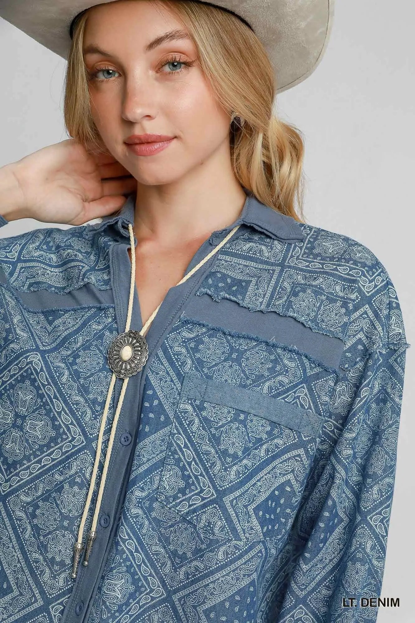 Umgee Light Denim Paisley Print Denim Shirt Jacket