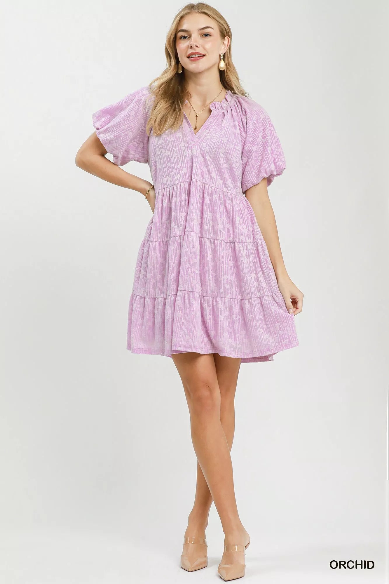 Umgee Orchid Jacquard Puff Sleeve Mini Dress