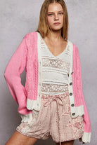 POL Baby Pink Button Down Cable-Knit Cardigan with Contrast Border Accents