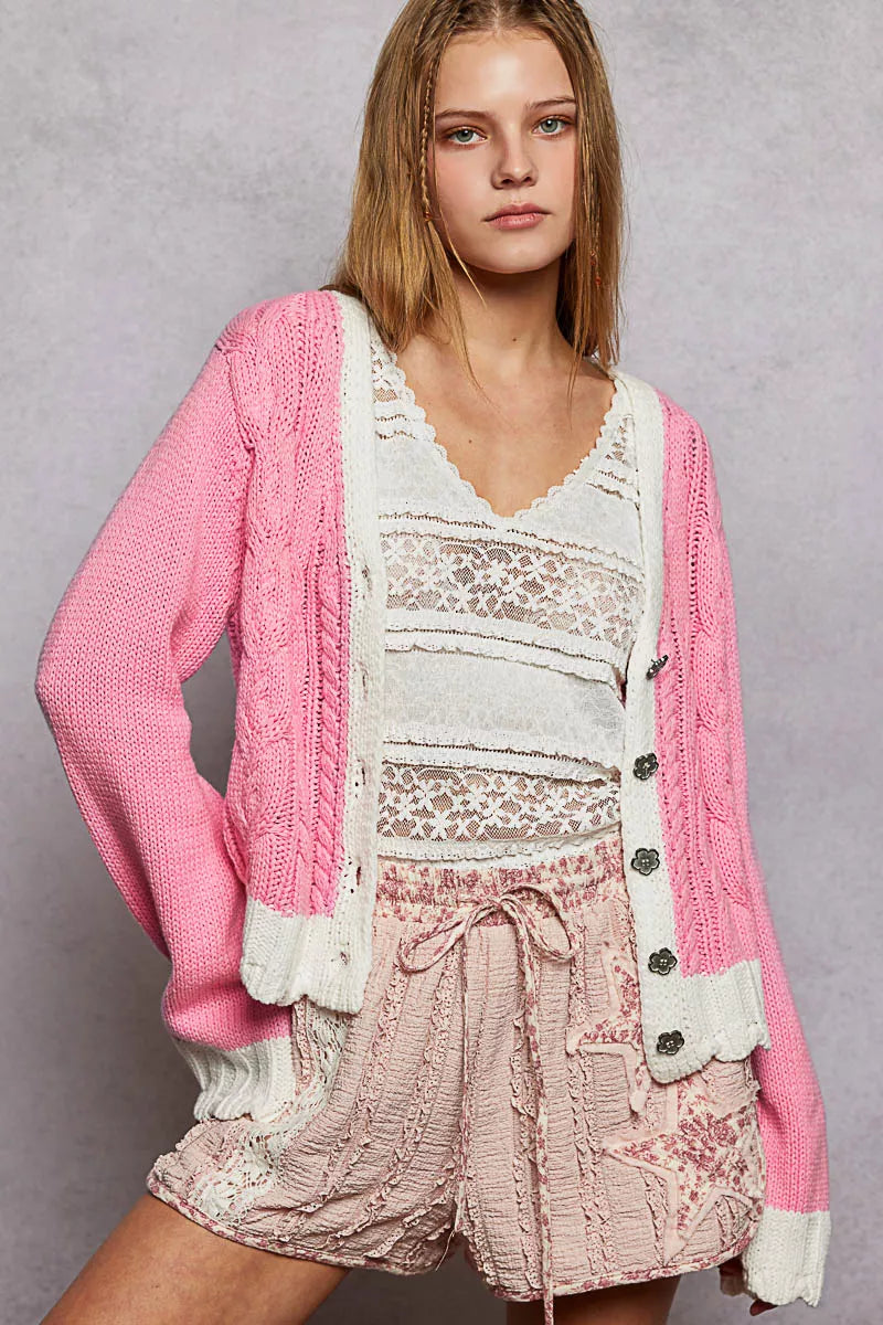 POL Baby Pink Button Down Cable-Knit Cardigan with Contrast Border Accents