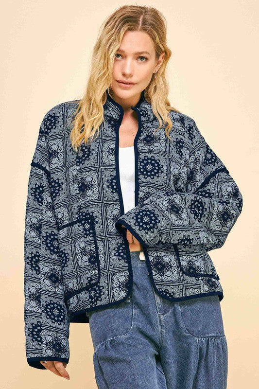 Davi & Dani Vintage Bandana Print Quilted Open Front Jacket with Pockets Black Coats & Jackets