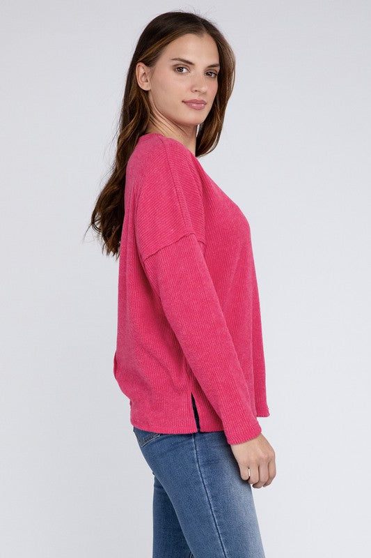 Zenana 4 Colors- Ribbed Brushed Melange Hacci Sweater with a Pocket Shirts & Tops