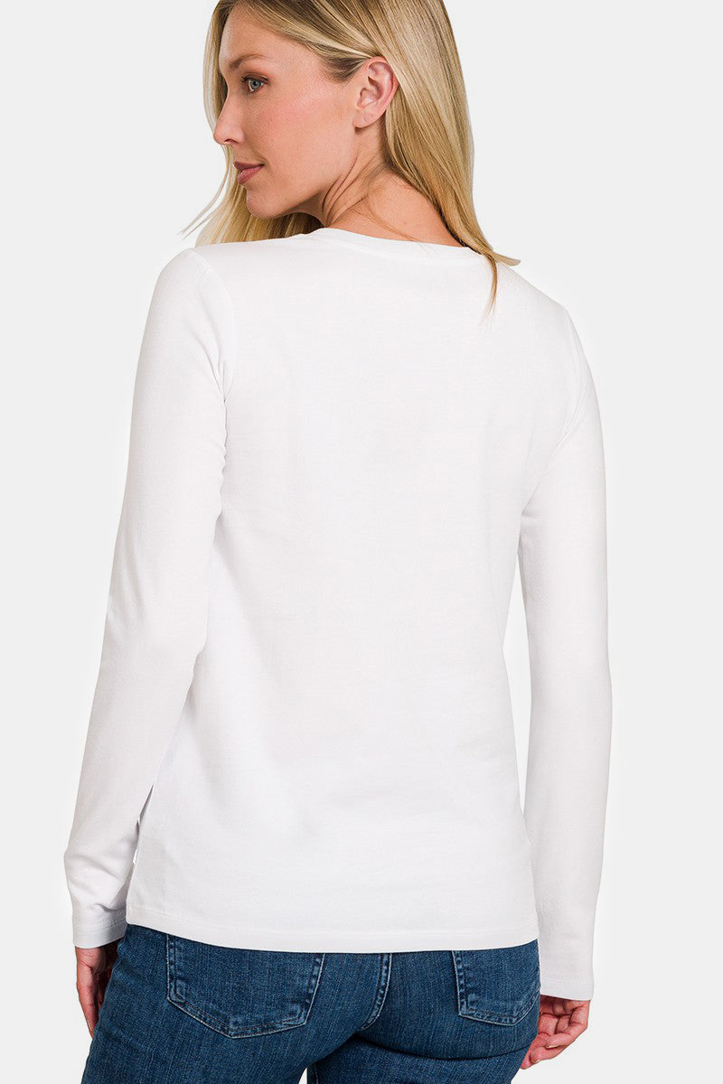 Zenana White Solid Color Round Neck Long Sleeve T-Shirt Shirts & Tops