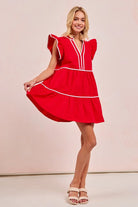 BiBi Red Game Day Theme Contrast Binding Ruffled Dress