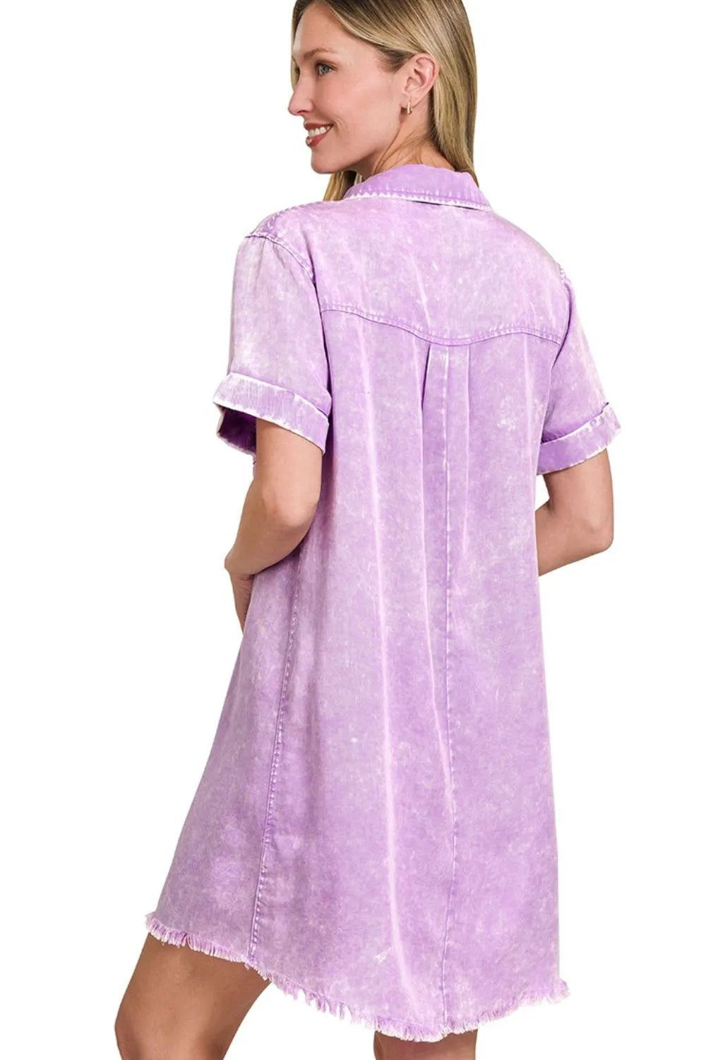 Zenana Bright Lavender Tencel Mineral Washed Collared Shirt Dress