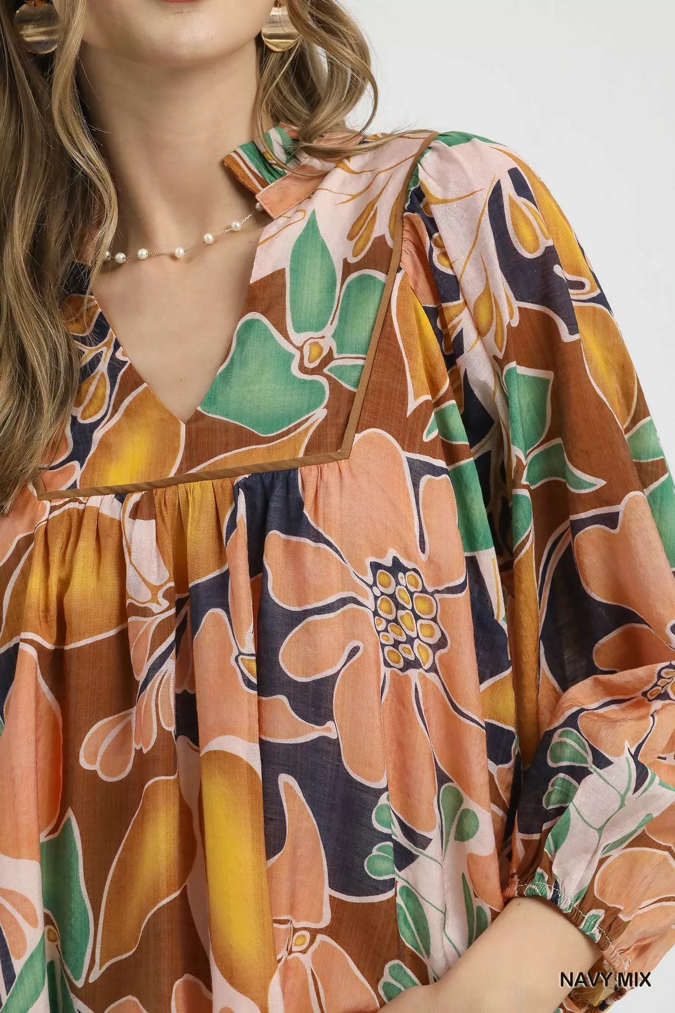 Umgee Navy Mix Multicolor Abstract Floral Print Blouse with Ruffle Neck