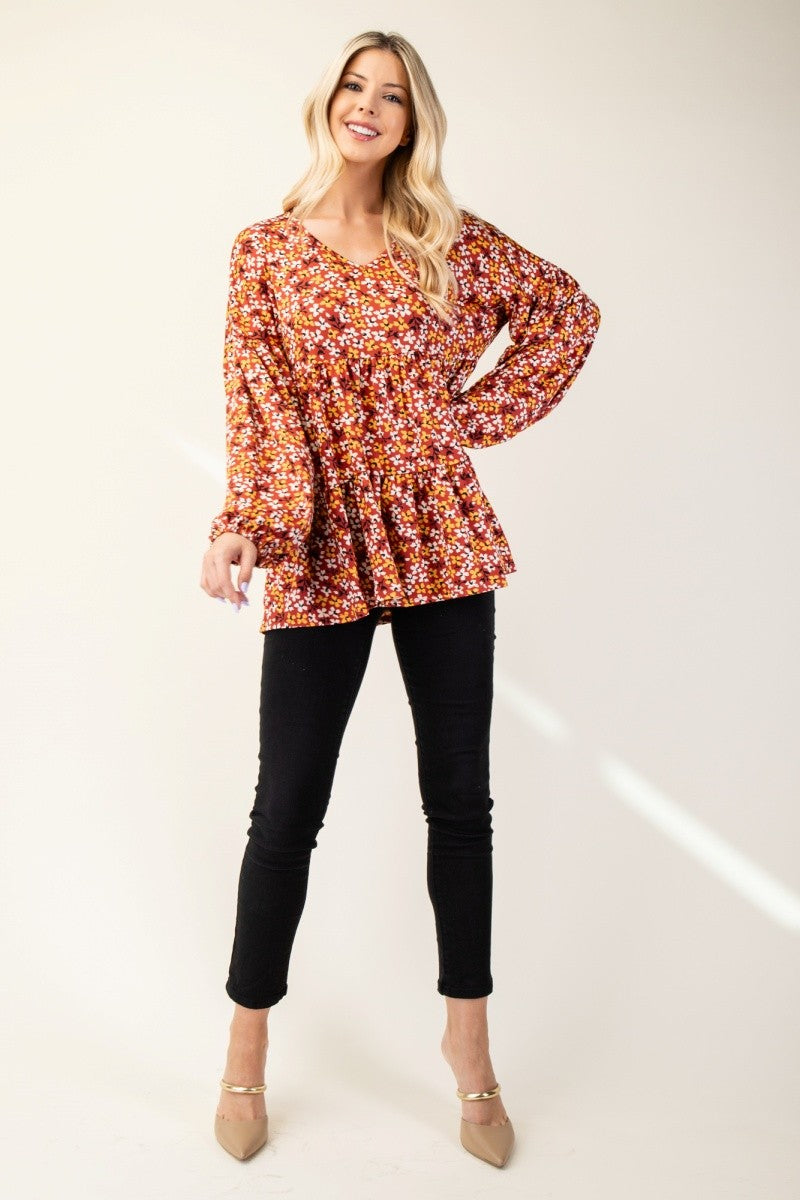 Celeste Floral V-Neck Tiered Balloon Sleeve Blouse in Rust Shirts & Tops