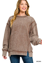 Zenana Acid Washed Double Ribbed Exposed-Seam Sweatshirt BROWN