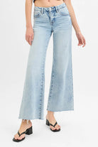 RISEN Tummy Control Low Rise Wide Leg Raw Cut Hem Jeans LIGHT