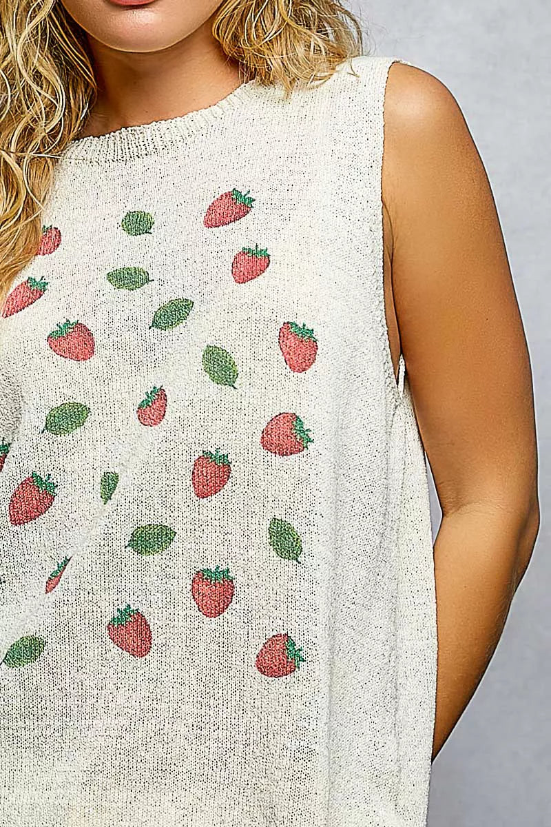 POL Natural Strawberry Pattern Round Neck Sleeveless Sweater Top