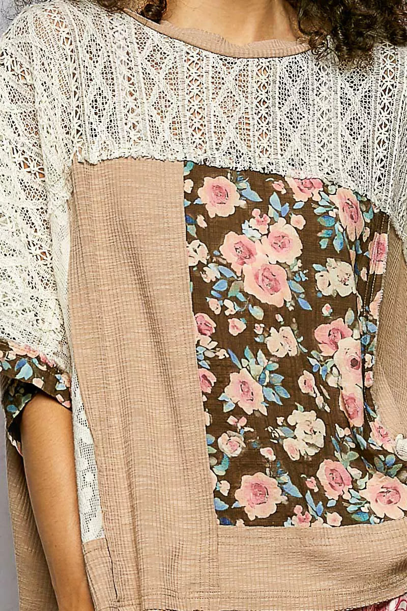 POL Dried Taupe Floral Patchwork Lace Accent Blouse