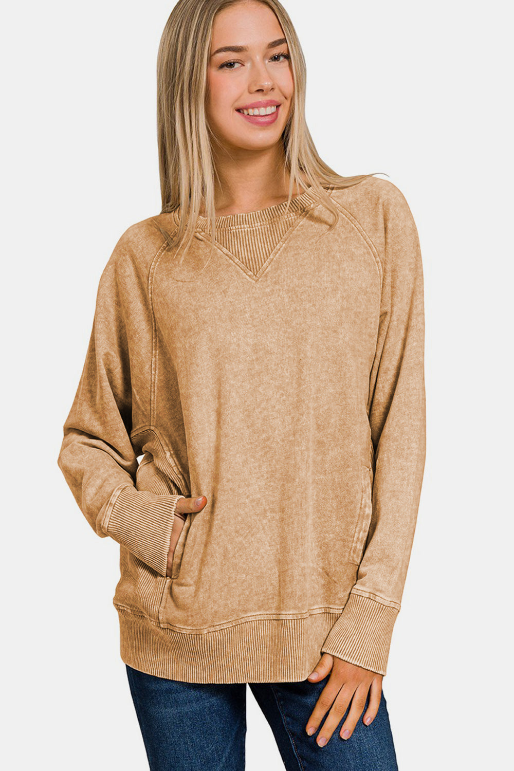 Zenana Camel Acid Washed Pocketed Round Neck Sweatshirt Camel Shirts & Tops