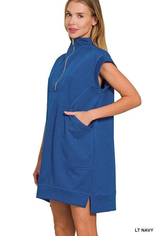 Zenana Light Navy Textured Knit Jacquard Quarter Zipper Mini Dress