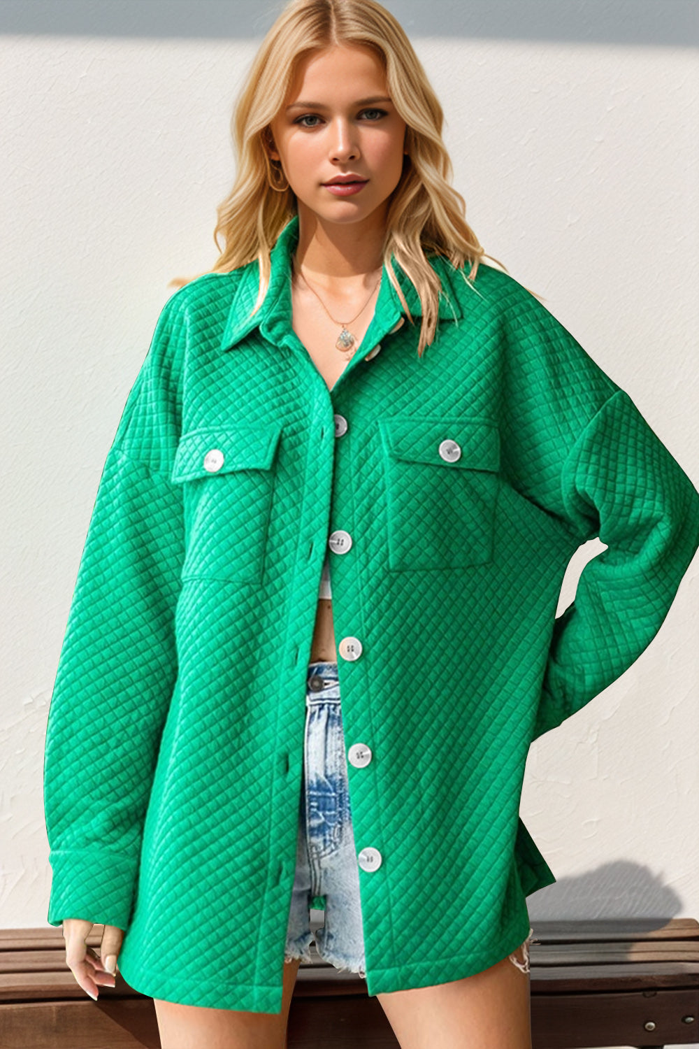 Preorder: Double Take Green Textured Button Up Drop Shoulder Shacket Green Trendsi