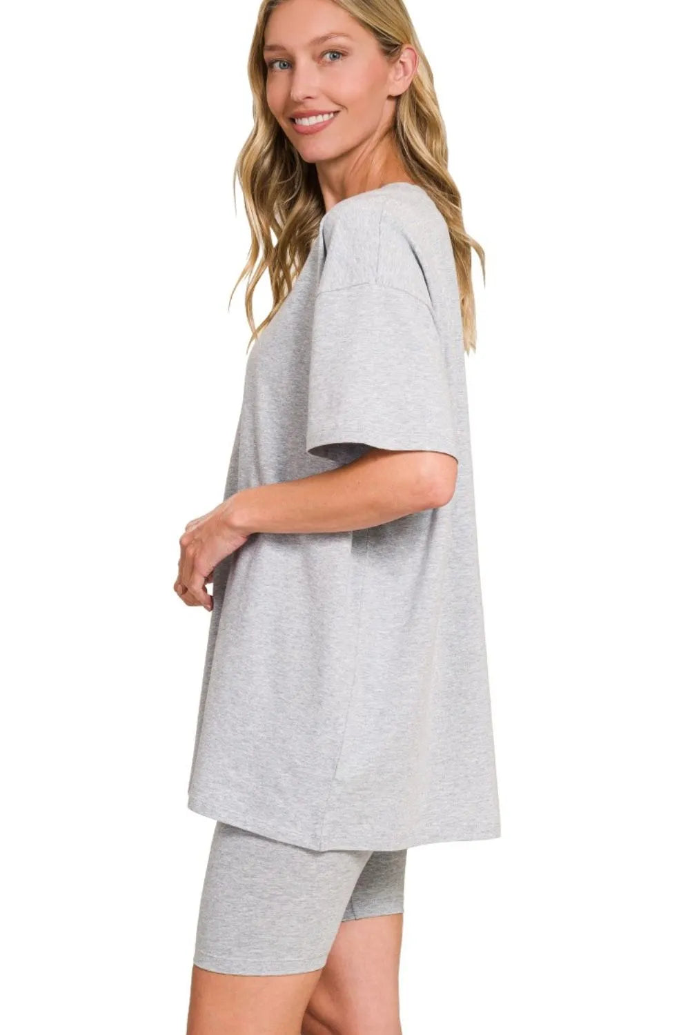 Zenana Dusty Blue Cotton Round Neck Top & Biker Shorts