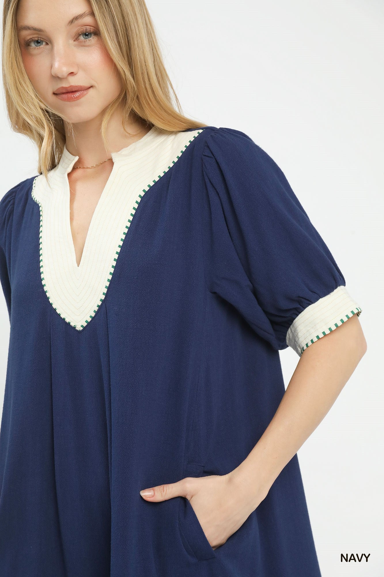 Umgee Navy Linen Contrast Trim Midi Dress