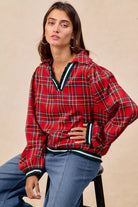 BiBi Christmas Red Plaid Collared Top with Ruffled Detail