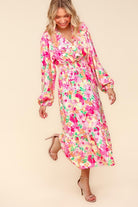 Haptics Frill V-Neck Shirred Waist Pink Floral Maxi Dress Dresses