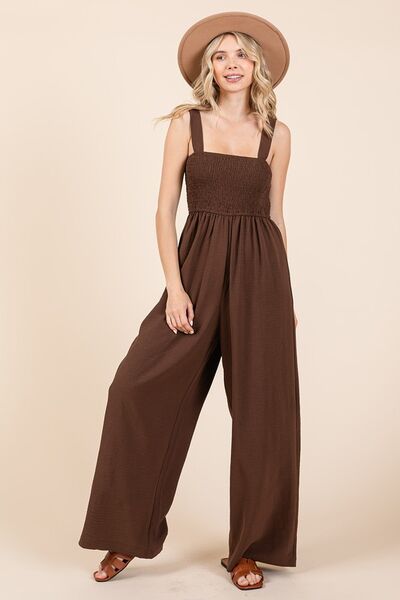 Mittoshop Airflow Ash Brown Smocked Wide Strap Wide Leg Jumpsuit