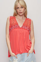 POL Lace Detail Frill Floral V-Neck Sleeveless Top In Strawberry Strawberry