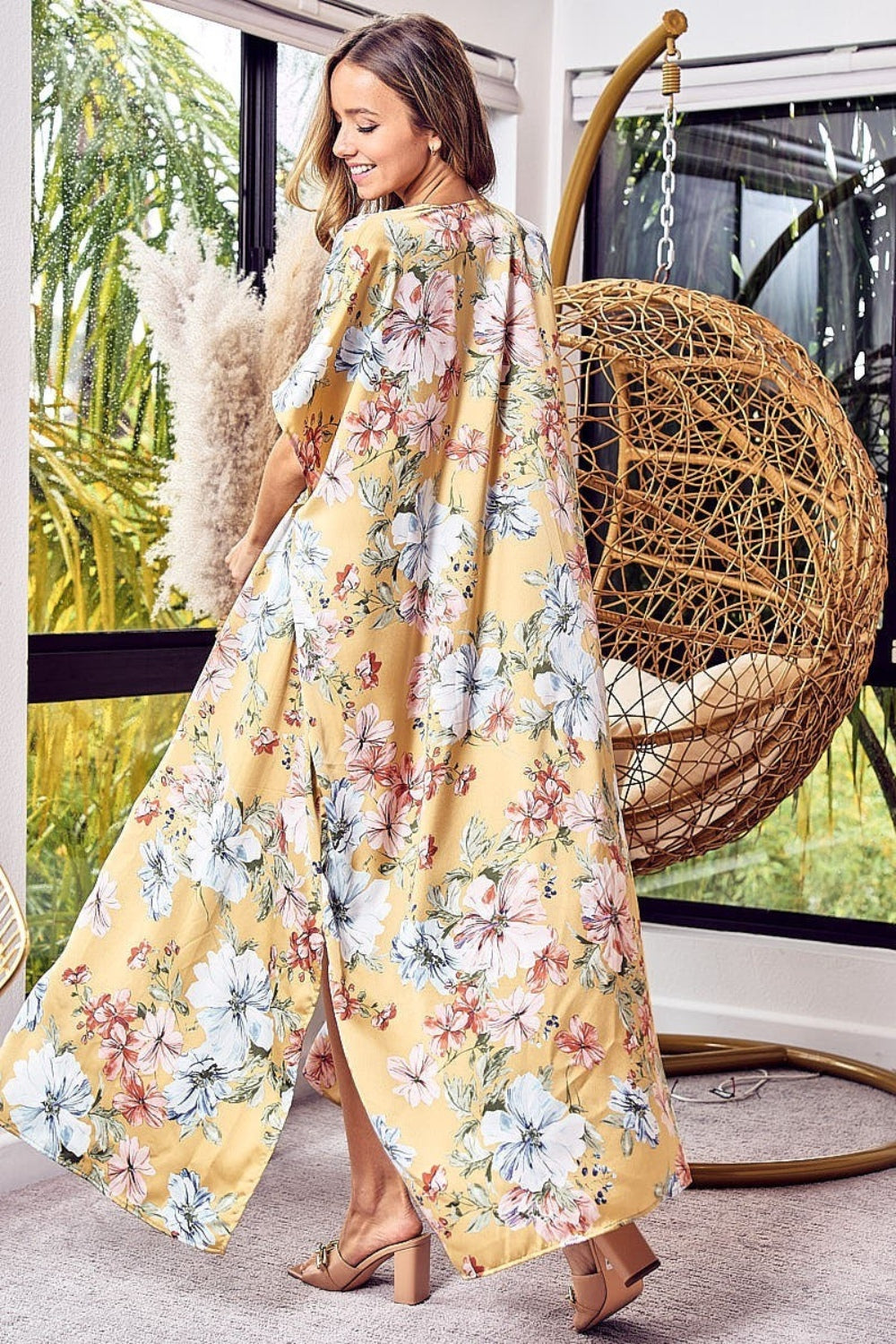 BiBi Mustard Floral Side Slit Longline Cardigan Trendsi