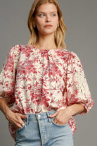 Umgee Floral Pleated Detail Lace Trim Sleeve Blouse in Pink Pink Mix Shirts & Tops