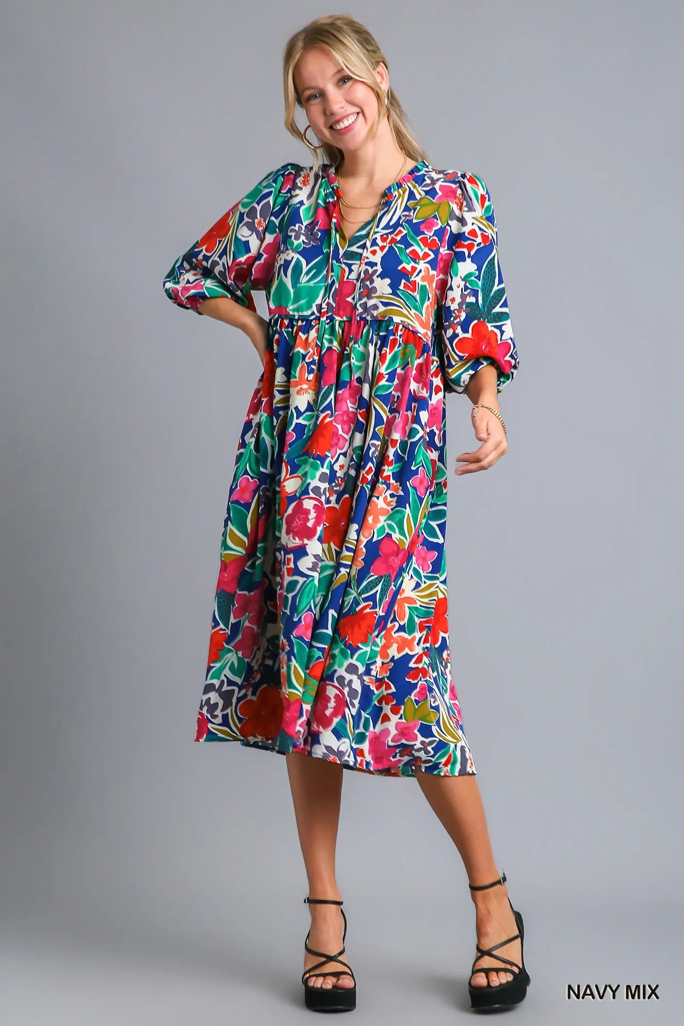 Umgee Navy Mix Floral Print Tie Neck Midi Dress with Pockets NAVY MIX