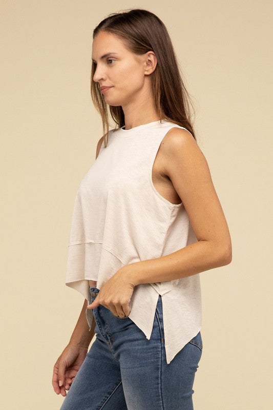 Zenana Shark Bite Side Slit Short Sleeveless Top ZENANA