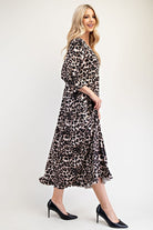 Celeste Brown Leopard Round Neck Flounce Sleeve Dress